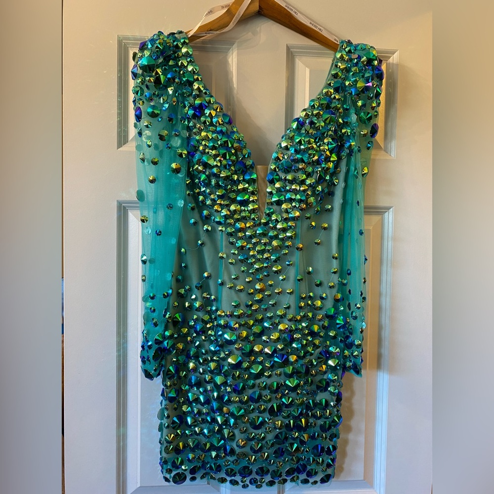 Sherri Hill Teal and Blue Embellished Prom Dress